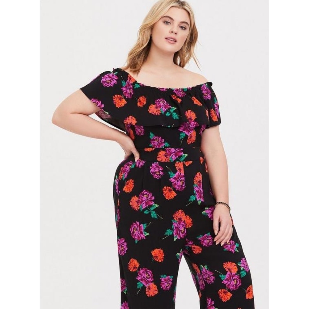 Torrid Black Floral Off Shoulder Smocked Wide Leg Jumpsuit Womens Plus Size 2 2X - Picture 16 of 16